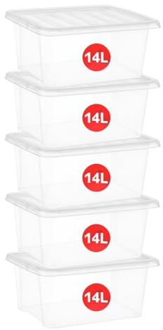 Marco Paul 5x 4L Plastic Storage Boxes with Lids - Nestable Stackable Boxes with Clear lids Strong Containers for Home Kitchen Storage Tubs for Office Accessories