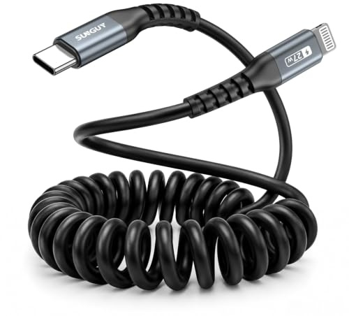 SUNGUY Câble USB-C vers Lightning en spirale, câble iPhone pour voiture CarPlay, compatible iPhone 14/13/12/11 et, 1 pièce 1,2 m (extensible 0,3 m à 0,8 m), Gris modèles Lightning