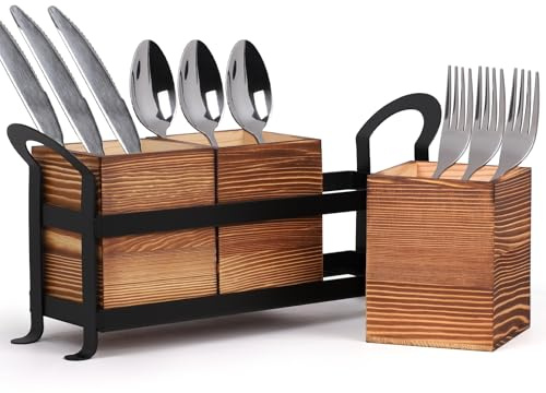 lalago Portaposate Scolaposate Legno con 3 Scomparti Rimovibili e Telaio in Metallo, Porta Posate da Tavolo in Legno con Supporto, Cestello Portacucchiai, Organizer Decorativo da Cucina Marrone