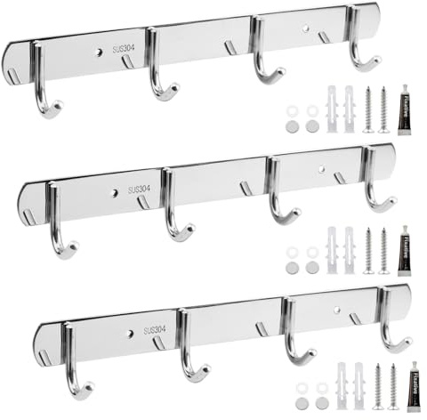 3 Stk Hakenleiste Edelstahl mit 4 Haken, Silber Hängeleiste Selbstklebend | MUKSEUT Küchenleiste Ohne Bohren, 29cm Lang Garderobenleiste, für Badezimmer, Wohnzimmer, Flur, Küche