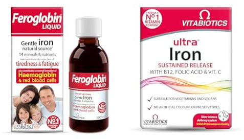 Bundle of Feroglobin Gentle Iron and Nutrient Liquid, 500 ml + Iron Tablets Supplement, Vitabiotics Ultra
