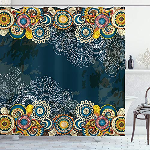ABAKUHAUS Psychedelisch Duschvorhang, Mandala Paisley, Stoffliches Gewebe Badezimmerdekorationsset mit Haken, 175 x 180 cm, Blau Gelb