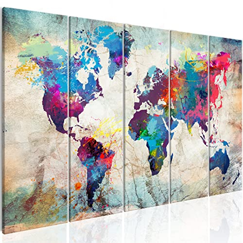 B&D XXL Acrylglasbild Weltkarte 200x80 cm 5 Teilig Wandbild auf Acryl Glasbilder Kunstdruck Moderne Acrylglas Platte Wanddekoration Geschenke Heimdekoration Glasbild Abstrakt bunt Landkarte Reise