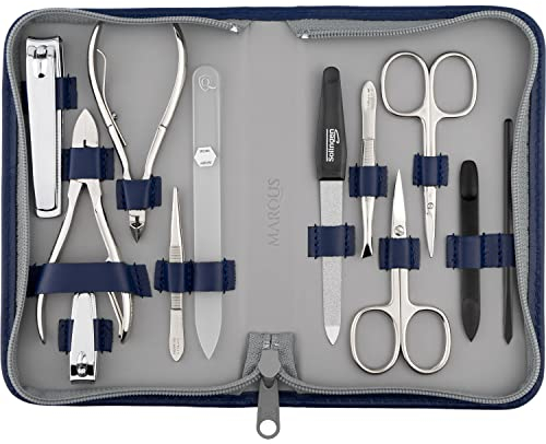 marQus Solingen Maniküre Pediküre Set - 12 Teile in Echt Leder Etui handlich und weich - Komplett Kit mit allem für die Hand- und Fußpflege, Nagelset Blau