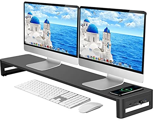 VAYDEER Dual-Monitor-Ständer mit kabelloser Aufladung und 4 USB-Hubs - Metallständer für 2 Monitore - Unterstützt bis zu 32 Zoll - für Computer, Laptop - Schwarz