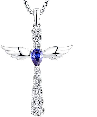 YL Kreuz Engelsflügel Halskette 925 Sterling Silber December Geburtsstein Tanzanite Zirkonia Schutzengel Anhänger Halskette für Damen