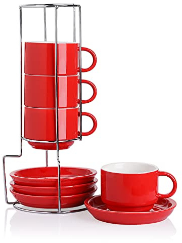 SWEEJAR Cappuccinotassen aus Porzellan mit Untertassen und Metallständer, 237 ml, stapelbare Espressotassen für spezielle Kaffeegetränke, Latte, Americano, Tee, 4er-Set (rot)
