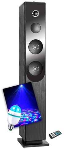 Enceinte colonne Inovalley HP33 CD Blacktower, avec lecteur CD, Bluetooth, FM et USB, 100W, télécommande, Ampoule DIAMS LED