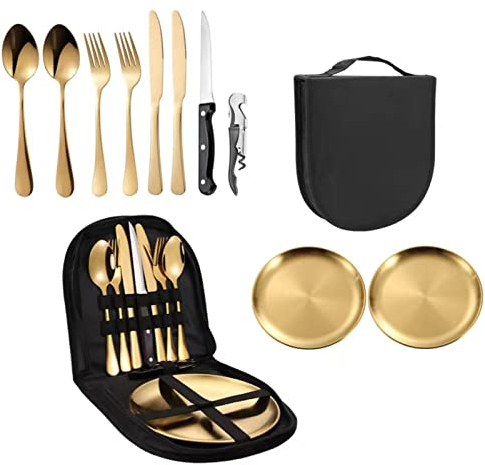 Camping Besteck Set, Camping Cutlery Set, 2 Personen Campinggeschirr Edelstahl Reisebesteck mit Gabeln Löffel Messer Flaschenöffner Teller für Outdoor Geschirrset Reisen Wandern (Gold)