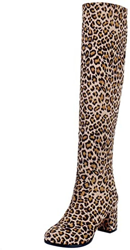 Stivali Alti da Donna con Tacco Largo, Stivali Elasticoizzati Tacco Alto Punta Rotonda Boots Festa Senza Chiusura 027 Leopard/Rl Numero 35 EU
