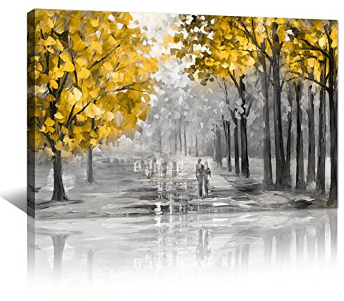 FajerminArt Herbstbaum Großes Leinwand Bilder mit Rahmen grau gelb Baum bild auf Leinwand Bild Modern Wandbilder XXL Kunstdruck Deko für Wohnzimmer Schlafzimmer fertig zum Aufhängen 90x60cm