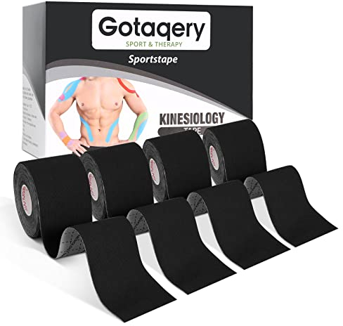 Gotaqery Kinesiology Tape (4 Rolls Pack), Waterproof Elastic Muscle Support Tape for Exercise, Sports & Injury Recovery, Breathable & Latex Free, 5cm x 5m Per Roll (Black)