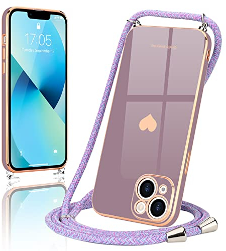 Wirvyuer Handyband Kompatibel mit iPhone 13 Handyhülle Necklace Hülle mit Band zum Umhängen Kameraschutz Liebesherz Schutzhülle mit Halsband Galvanik Silikon Umhängetasche für iPhone 13 Lavendel