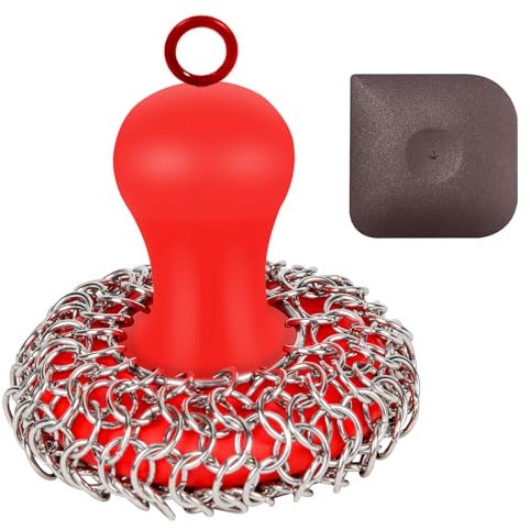 Cast Iron Cleaner Chainmail Scrubber with Pan Scraper, Ergonomic Handle Cast Iron Scrubber Brush 316 Chainmail Scrubber For Cast Iron Pans, Iron Skillet, Grill Dutch Oven Metal Brush Cleaning CastIron