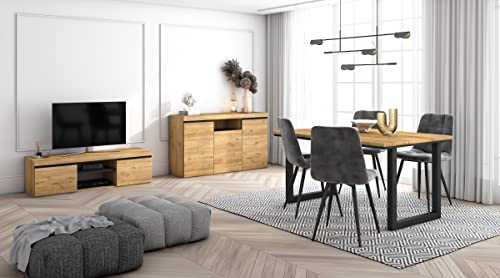 Skraut Home - Ensemble de Meubles de Salon | Table 140 Pieds U 6 convives | Meuble TV 140 | Crédence/Buffet 140 | Chêne et Noir | Style Industriel