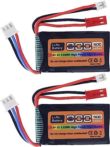 Lot de 2 batteries 7,4 V LiPo 2S 50C JST et PH2.0 800 mAh pour voiture RC SCX24 compatible avec la plupart des voitures télécommandées à l'échelle 1/10, 1/16, 1/18, 1/24