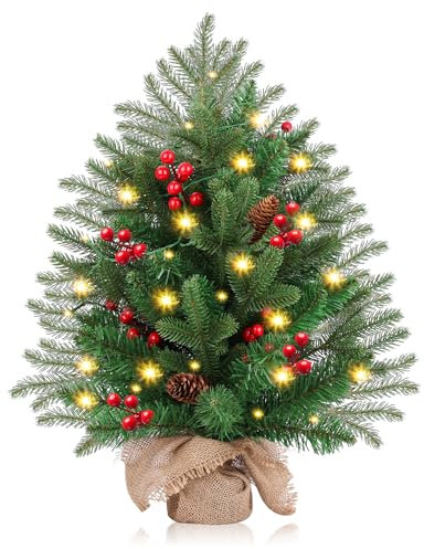 Bilivry Pre-Lit Artificial Mini Christmas Tree decoration with LED Lights (AA batteries not include),Green,55cm