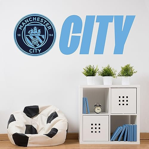 Manchester City Wall Sticker - Crest and City Wall Decal Football Art (60cm Width x 20cm Height)
