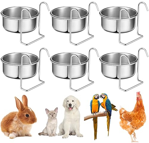 Layhit 6 Stück Edelstahl-Fressnapf mit Aufhänger, 284 ml, Hundehütte, Haustiernapf, kein Verschütten, Hundekäfig, Wassernapf, Hundehütte, Hundenapf, Kaninchenfutter für Käfig, Katzen, Vögel, Huhn,
