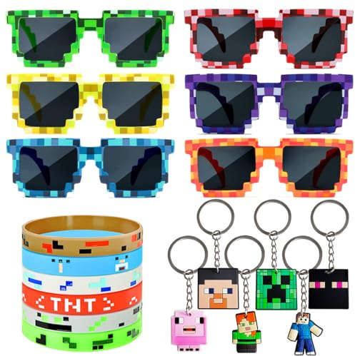 Philoctes Pixel Party Mitgebsel Kindergeburtstag, 6 Pixel Brille, 6 Pixel Armband, 6 Schlüsselanhänger für Kinder, Miner Gamer Kindergeburtstag Mitgebsel Bergbau Stil für Kinder Geschenke Deko