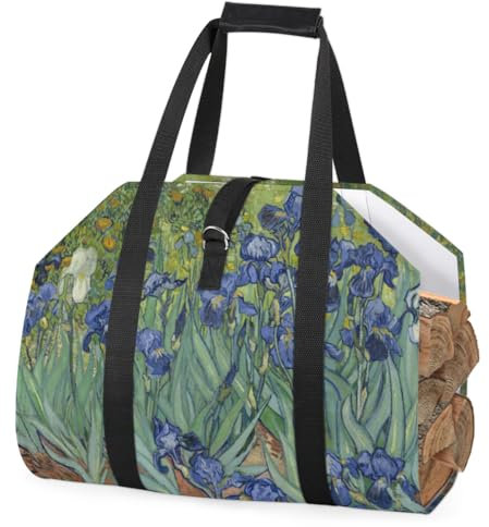 Van Gogh Iris-Muster – Große gewachste Leinwand Kaminholztasche, wasserdicht, große Kapazität, Canvas-Holz-Tragetasche mit Tragegriff oben