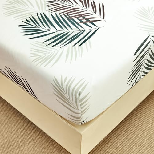 Spannbettlaken 90x200 cm - Tropische Palmenblätter Muster - Spannbettuch Bis 30 cm Matratzenhöhe - Bettlaken Weiche Polyester-Mikrofaser Weiß