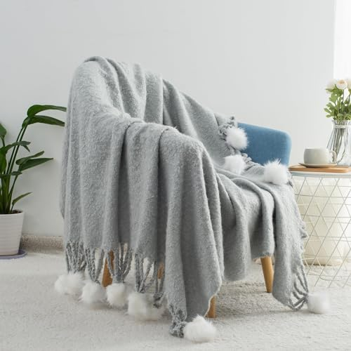 GINAMUSE Graue Pompon-Überwurfdecke für Couch, 127,7 x 152,4 cm, weich, leicht, gestrickt, Bauernhaus, dekorative Decken für Bett und Sofa