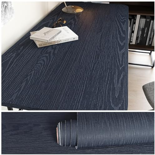 VEELIKE Thick Navy Blue Wood Wallpaper Self-Adhesive Dark Blue Wood Effect Contact Paper for Furniture Sticker Vinyl Wrap for Kitchen Cupboards Waterproof Bedroom Sticky Back Plastic Roll 40CMx300CM