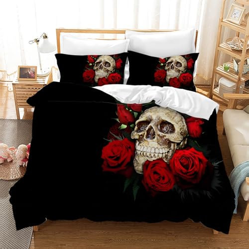 Leleyouzer 3D Totenkopf Bettwäsche Set,Totenkopf Muster Gotisch Bettbezug Für Teenager Erwachsene,Schädel Microfaser Bettwäsche mit Reißverschluss und 2 Kissenbezug 50x75cm (Schädel 2, 135×200 cm)
