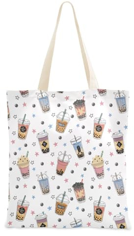 linqin Bubble Tea Tragetasche aus Segeltuch für Damen, wiederverwendbar, Einkaufstasche, Einkaufstasche mit Tasche für Schule, Strand, Schule, Bubble Tea, 15 x 16.3