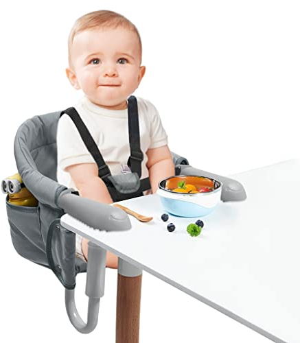 JOIEYOU Sitzerhöhung Stuhl für Kinder, tragbarer und verstellbarer Boostersitze Kindersitz für 2-8cm Dicke Tische, Tischsitz mit Sicherheitsgurt Abnehmbarem bis 15 kg - Grau