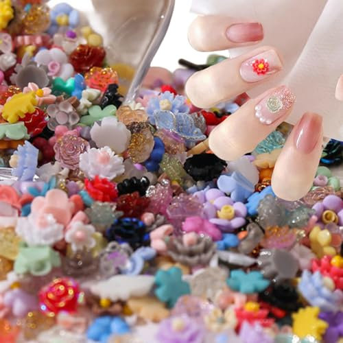 3D Flower Nail Charms, 200 Pcs Colorful Acrylic Camellia Rose Flower Nail Art Charms Cherry Blossom Nail Rhinestones Gems Nail Accessories for DIY Nail Art Designs Jewelry Making (Multi-Colored)