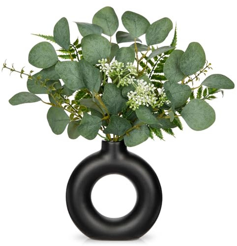 Arborus Künstlicher Eukalyptus in Donut Vase 36 cm Kunstplfanzen in Keramik Vase Eukalyptus Deko Kunsteukalyptus Künstliche Pflanzen in Vase Tisch Regal Wohnzimmer Bad Schlafzimmer Büro Deko