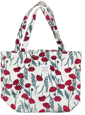 WisePoint Große Einkaufstasche aus Baumwolle, Schultertasche, Handtaschen für Damen, leichte Strandtasche mit Blumenmuster für Uni, Shopping, Arbeit, Reisen, Maismohnblume, l