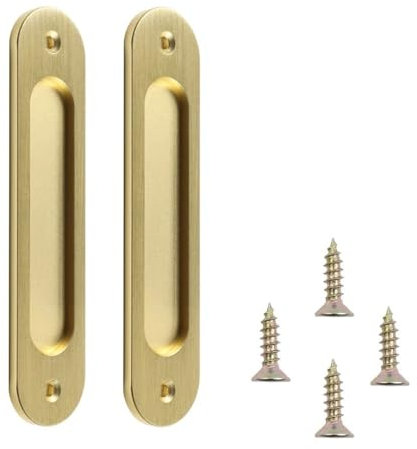 MiJunHD Recessed Sliding Door Pull, 2Pcs Oval Brushed Gold 180 * 40mm Solid Aluminum Alloy Flat Bottom Handle Finger Pull with Screws for Sliding Barn Door,Closet,Cabinet,Windows