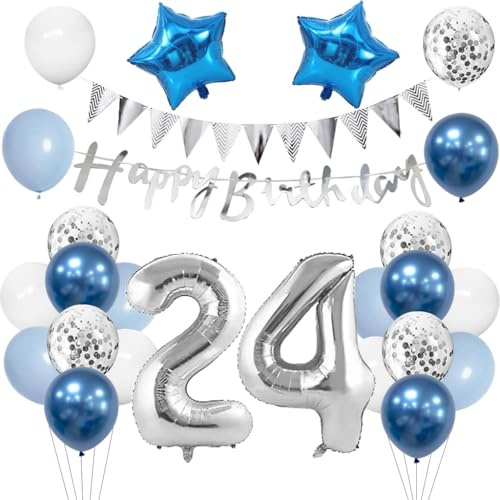 Anlgdi Geburtstagsdeko 24 Jahr Mann, Luftballon 24. Geburtstag Männer Deko, Blau Tortendeko Geburtstags 24 Jahre, Deko 24. Geburtstags Frauen, Folienballon 24 Geburtstag Männer Dekoration