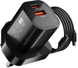 GOLDNEXT USB C Plug 33W GaN UK Charger 2 Port PPS Fast Charging PD 3.0&QC4 with 3.3ft USB C Cable Compatible with iPhone 16/15/14 Pro Max, iPad Pro/Air/Mini, Galaxy S24/S23, Pixel 9/8/7 Pro (Black)