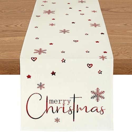 YCOLL Weihnachtsdeko Tisch Tischläufer Weihnachten Tischläufer Beige Winter Wasserabweisend Tischläufer Modern Weihnachtstischläufer für Drinnen und Draußen Party Küche Esstisch Dekoration