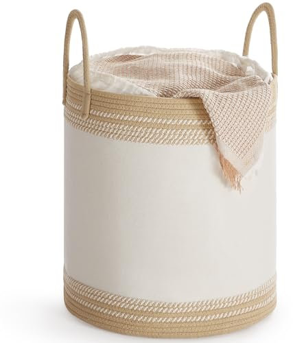 SONGMICS Panier à Linge, Corbeille 60 L, Rangement avec Couvercle, Corde en Coton, Poignée, Cordon de Serrage, pour Vêtements, Couvertures, Salon, Chambre, 41 x 41 x 46 cm, Marron Camel RLH060K01