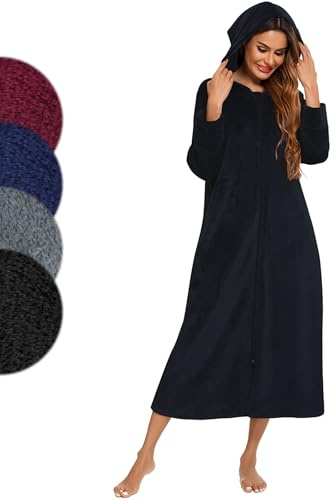 Figarge Damen und Herren Bademantel mit Reißverschluss und Kapuze, Langer Bademantel mit Fronttaschen, Saunamantel, Flanell, Schwarz, XXL, Unisex, Bademantel