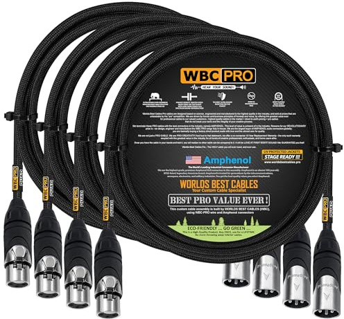 WORLDS BEST CABLES 4 Units - 1.5 Meter - WBC-PRO-QUAD Ultra-Silent Ultra-Flexible Balanced Star-Quad Cable with Amphenol Male & Female XLR Plugs & Black Tweed Jacket