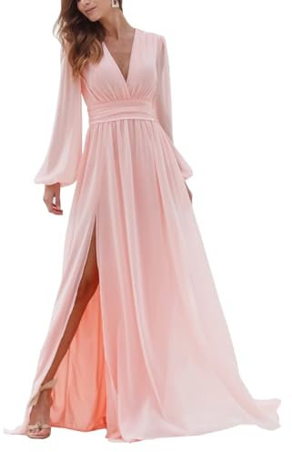 YIANN Abiti formali a maniche lunghe per le donne con scollo a V in chiffon una linea abiti da damigella d'onore con maniche, Rosa cipria, 48