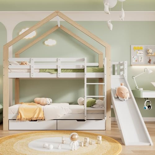 Gelukueub - Letto a castello con scivolo e scala angolare a tre pioli, letto con protezione anticaduta, letto per bambini, telaio in legno massello, bianco+colore naturale, 90 x 200 cm (con 2 scale)