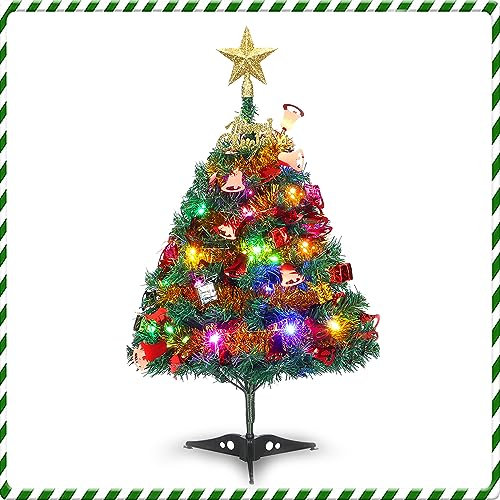 Mini-Weihnachtskiefer, 24/60cm kleine Tischplatte künstlicher Weihnachtsbaum mit LED-Schnur Lichter Ornamente, Dekor für Raum und Büro