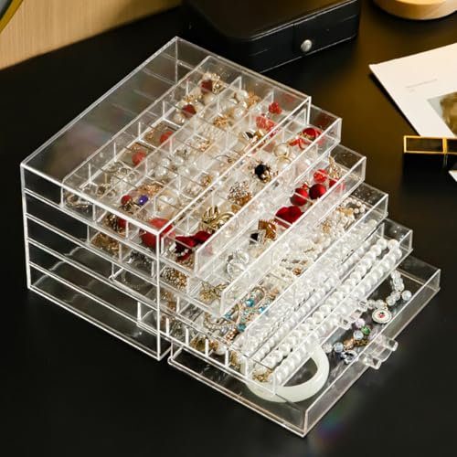 Jinavoty Acrylic Jewelry Organizer Box with 5 Drawers, Earring Storage Box for Women, Dustproof Jewellery Organiser for Earrings Ring Bracelet Necklace (5 Drawers)