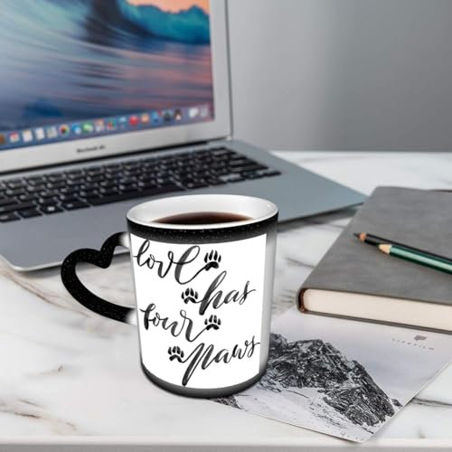 AELKSP Kaffeetassen – Farbwechseltasse, Magic Mug,Thermobeschichtung, 335ml, Keramik - Geschenkidee Männer, Frauen,Zitat, Aquarell-Stil Hand Buchstaben Liebe hat vier Pfoten Pinsel