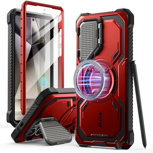 i-Blason Armorbox für Samsung Galaxy S25 Ultra Hülle Magsafe mit Kameraschutz Bumper Case 360 Grad Handyhülle Robust Schutzhülle mit Displayschutz und Ständer für Galaxy S25 Ultra 2025 (Rot)