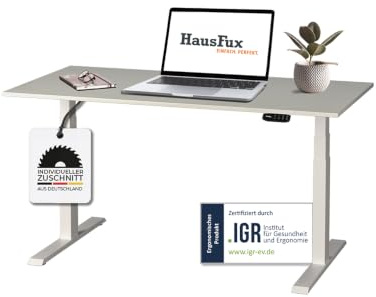 HausFux Höhenverstellbarer Schreibtisch nach Maß (140 x 60 cm) | 2,5 cm starke Tischplatte auf Maß in Nordic Weiß, Gestell Weiß, 3-stufig - maßgefertigt mit OLED-Touchpanel.