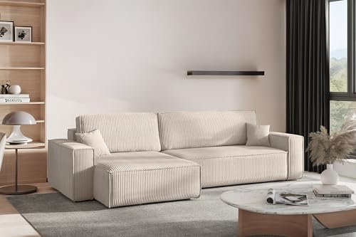 Kaiser Möbel - Ecksofa mit Schlaffunktion - Big Sofa - 274 x 142 cm - Cord Stoff, L Form, XXL, mit Bettkasten - Große Liegefläche 230 x 140 cm - Eckcouch, Wohnlandschaft - Best XL Links, Beige