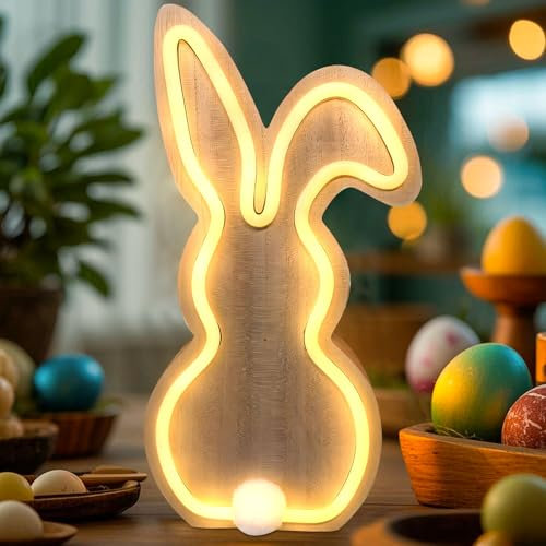 DZAY Osterdeko Beleuchtet Hase deko,Osterhasen Figuren aus Holz Lichterdeko Tischlampe,Frühlingsdeko Led Osterdekoration Modern Osterschmuck,Led Osterbeleuchtung Hasen Lampe Osterlichterkette